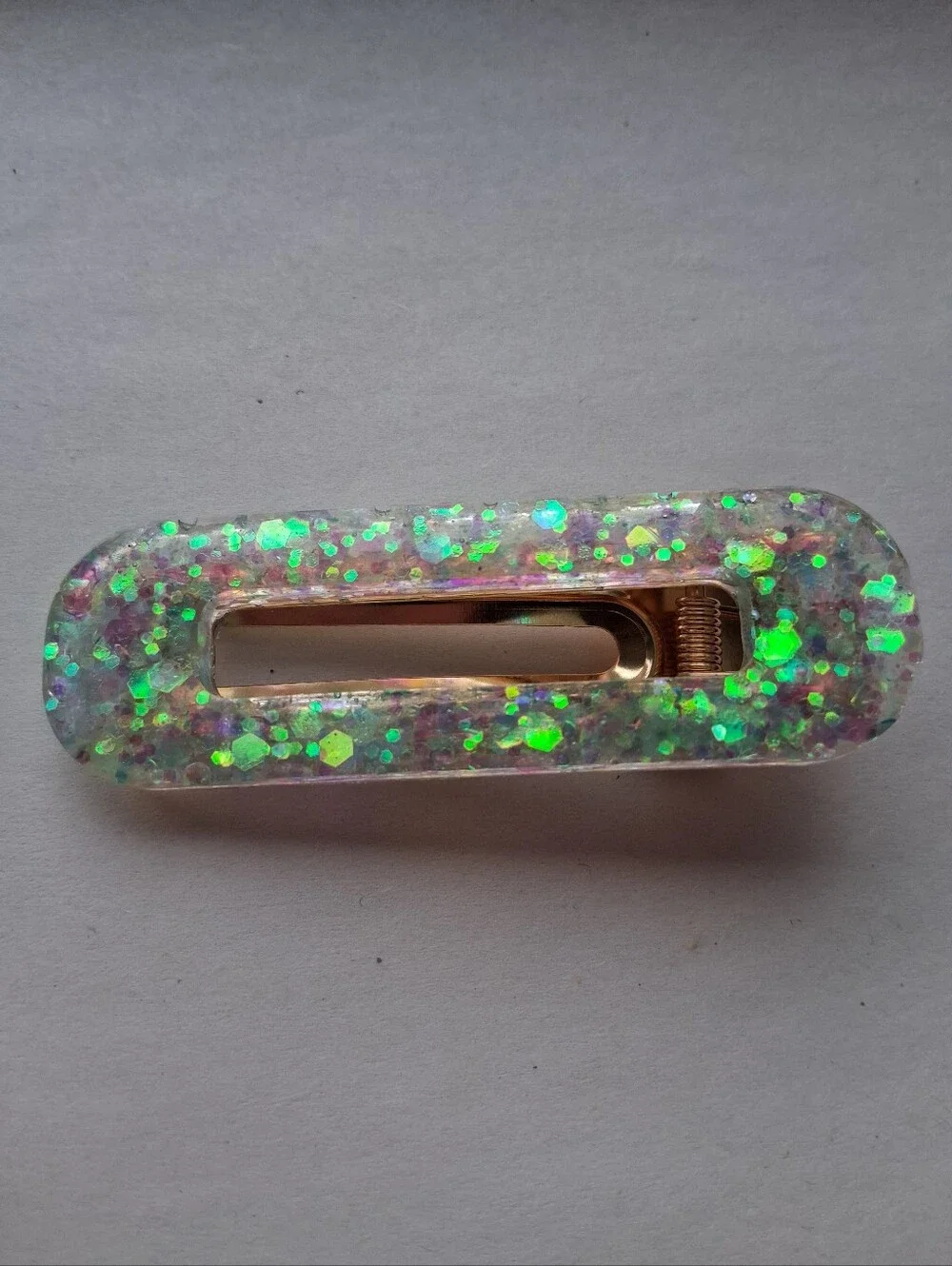 5/$25 Hand Crafted Green Iridescent Glitter Resin Hair Clip